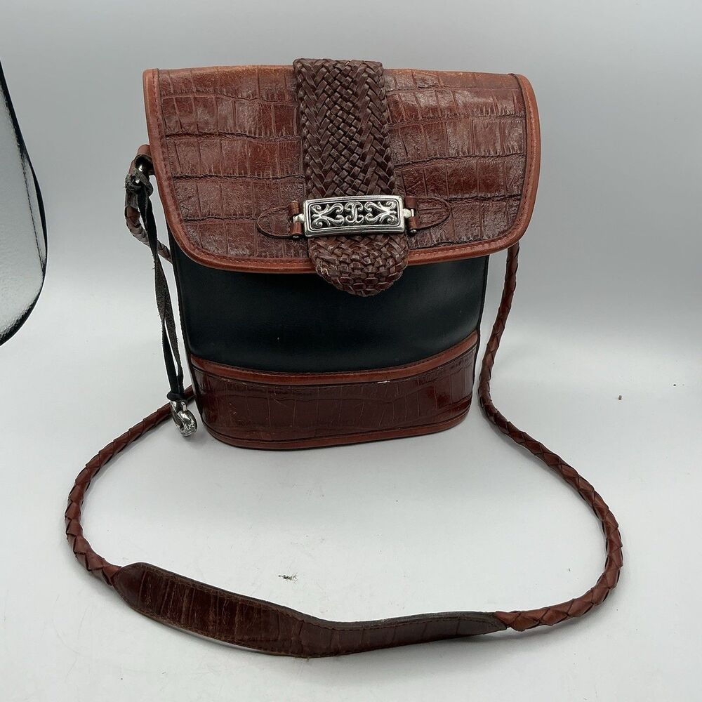 Brighton Black Brown Croc Embossed Leather Crossbody Bucket Bag Woven Strap